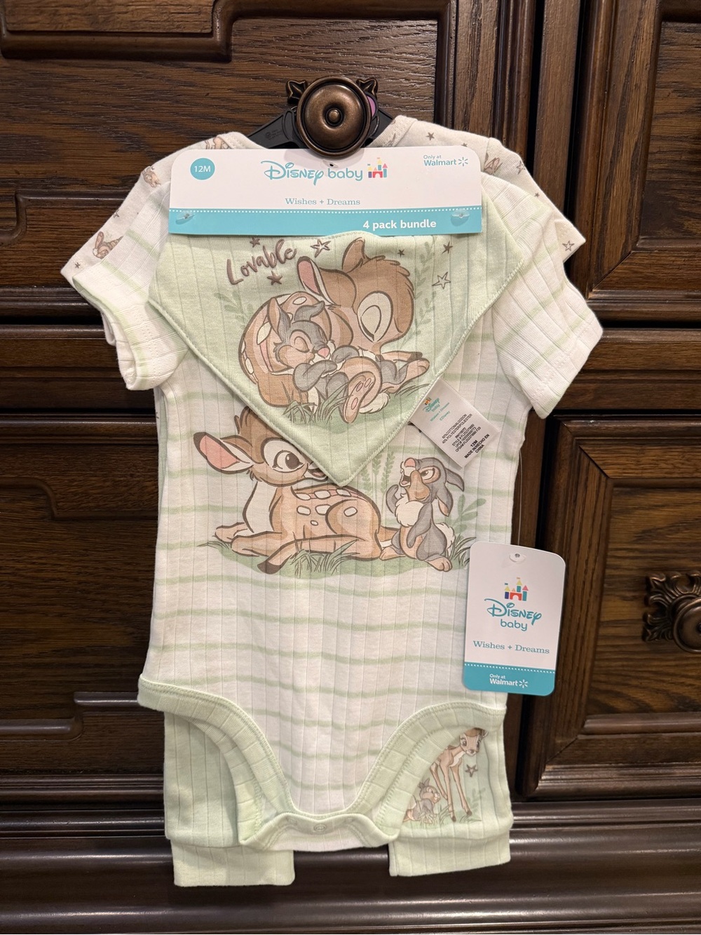 Disney Bambi Mint Green Striped Short Sleeve One-Piece Bodysuit Set with Bib